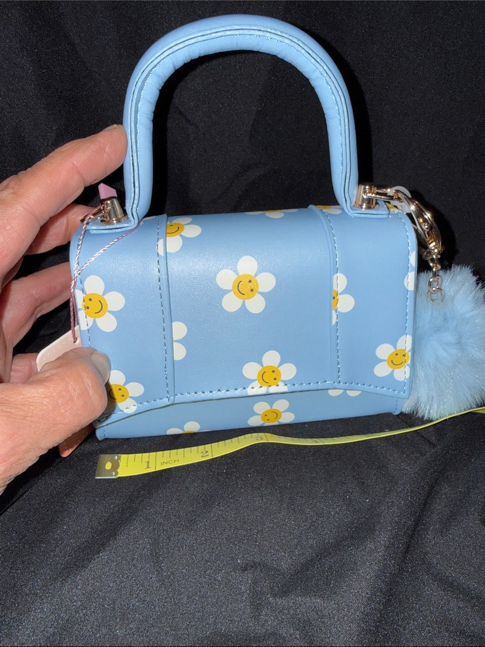 Sky Blue Daisy Mini Top-Handle Bag with Pom Accent